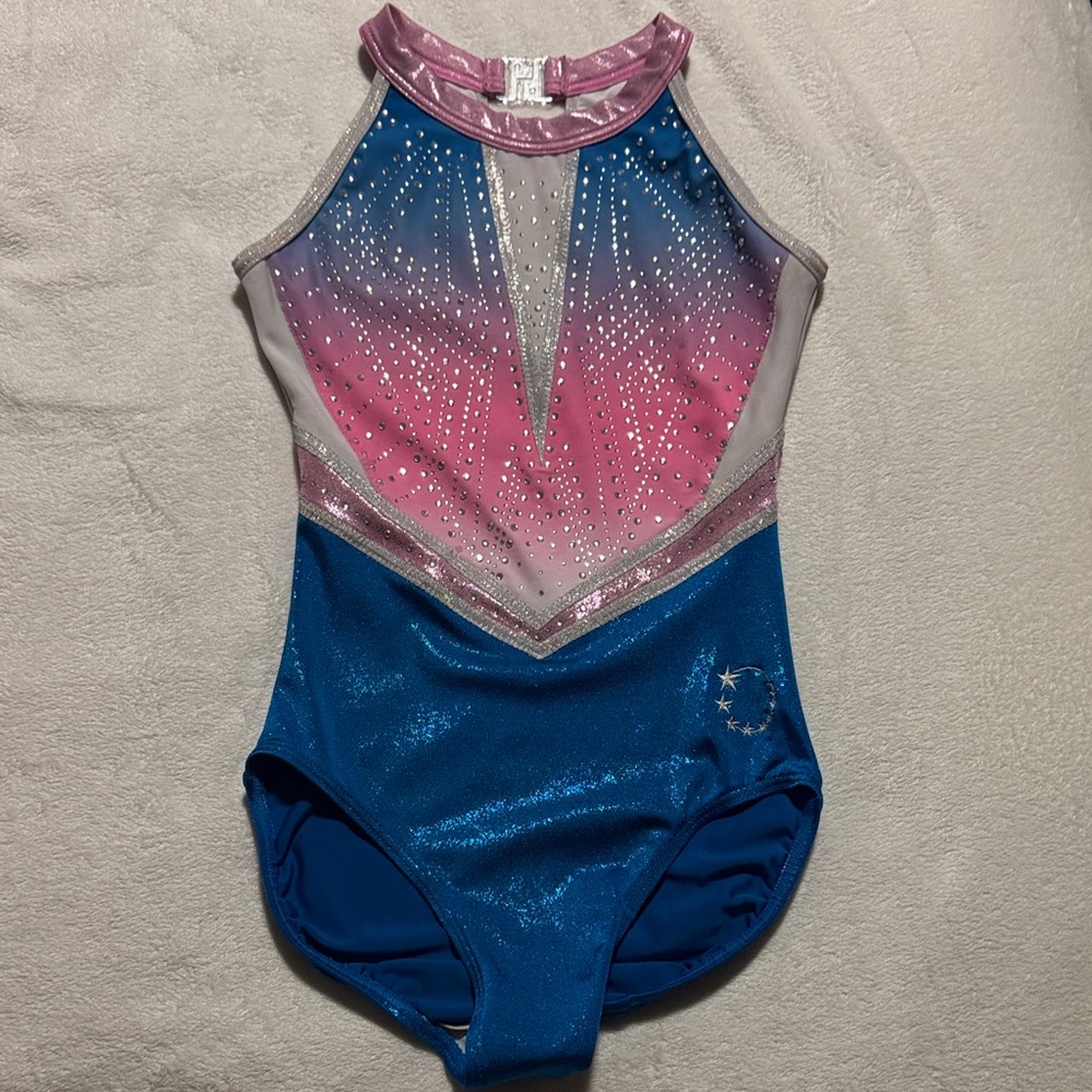 Girls Blue Pink Ombre Sparkle Gymnastics Leotard